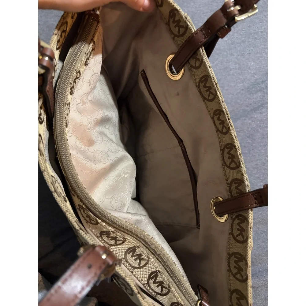 Michael Kors Signature Monogram Tote Bag Brown Jacquard Leather Trim Gold HW
